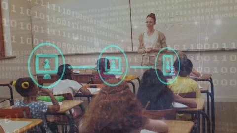 Animation of looping binary code, computer icons over multiracial teacher Stock Footage 328927097