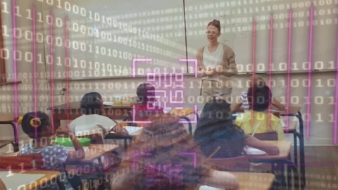 Animation of looping binary code, qr code over multiracial teacher teaching Stock Footage 329695784
