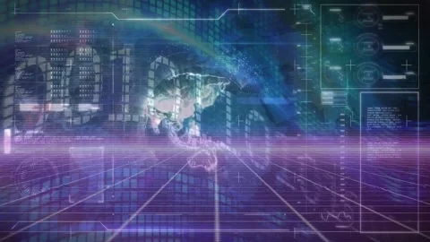 Animation of looping binary codes and globe with database against abstract Stock Footage 220892003