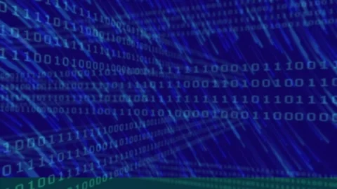 Animation of looping binary codes and falling beams over blue background Stock Footage 247908062