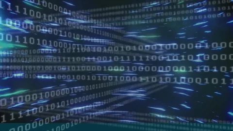 Animation of looping binary codes and circular beam pattern over black Stock Footage 247908077