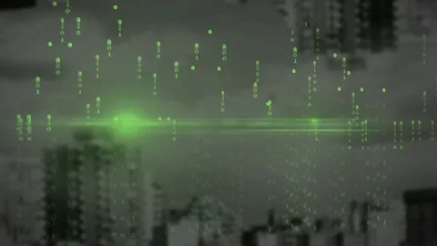 Animation of looping binary codes and lens flares against buildings in Stock Footage 326186572
