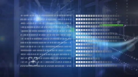 Animation of looping binary codes and loading bars over server room in Stock Footage 330168940