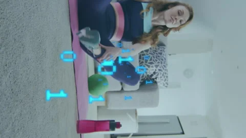 Animation of looping binary codes, caucasian woman recordings stretching Stock-Footage 313088294