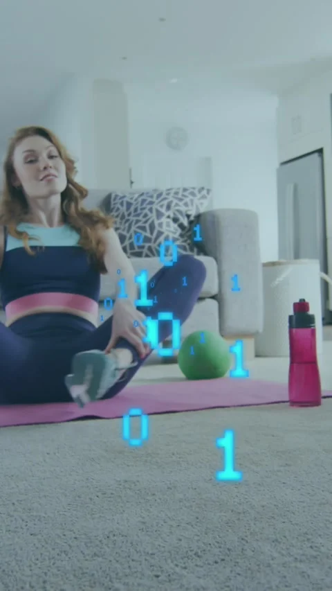 Animation of looping binary codes, caucasian woman recordings stretching Stock Footage 321513748