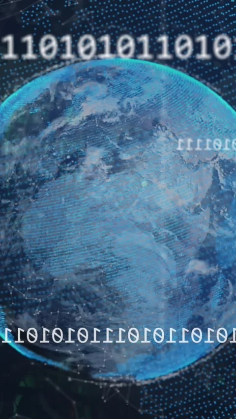 Animation of looping binary codes with connected dots around globe against 動画素材 343828995