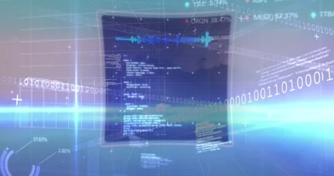 Animation of looping binary codes, graphs, computer language over trading boards Video stock 244313464