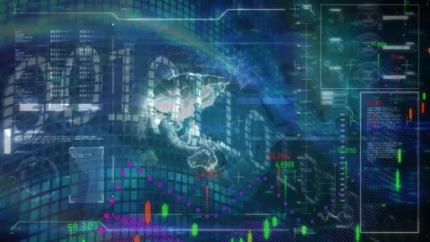 Animation of looping binary codes, graphs and globe with database against Stock Footage 328407812