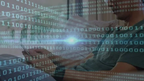 Animation of looping binary codes, lens flare over asian man using smartphone at Stock Footage 326297975
