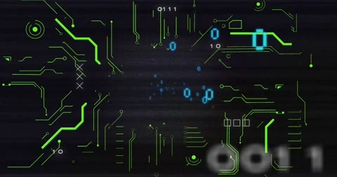 Animation of looping binary codes over circuit board pattern against black Stock Footage 242749480