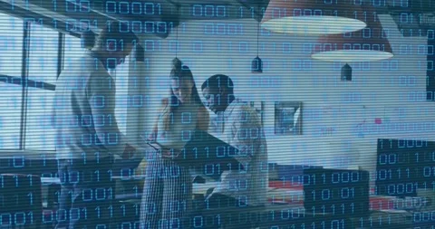 Animation of looping binary codes over diverse coworkers discussing reports in Stock Footage 249252565