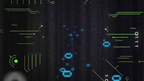 Animation of looping binary codes over circuit board pattern against black Stock Footage 312325194