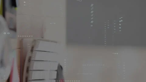 Animation of looping binary codes over cropped hands of caucasian woman typing Stock Footage 312899166