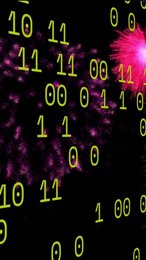 Animation of looping binary codes over colorful exploding fireworks against Stock Footage 319822352