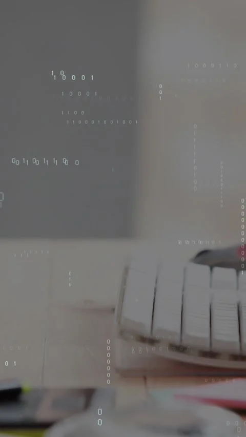 Animation of looping binary codes over cropped hands of caucasian woman typing Stock Footage 321382030
