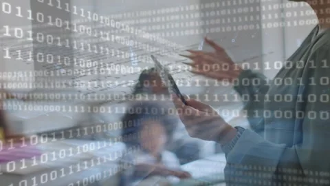 Animation of looping binary codes over midsection of female teacher teaching Stock Footage 327004987