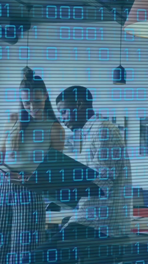 Animation of looping binary codes over diverse coworkers discussing reports in 動画素材 344693622