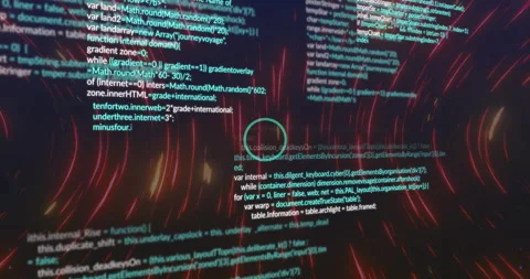 Animation of looping circles over computer language against wave pattern on Stock Footage 310978565