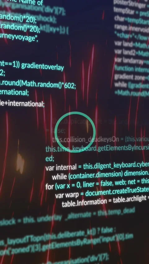 Animation of looping circles over computer language against wave pattern on Video stock 321441234