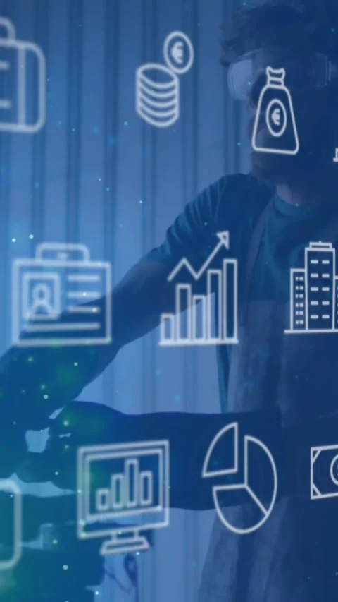 Animation of looping computer icons over caucasian man wearing safety goggles Stock Footage 321171994