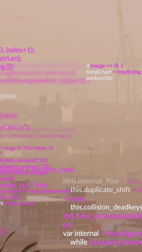 Animation of looping computer language over fog covered modern cityscape against Stock Footage 320160618