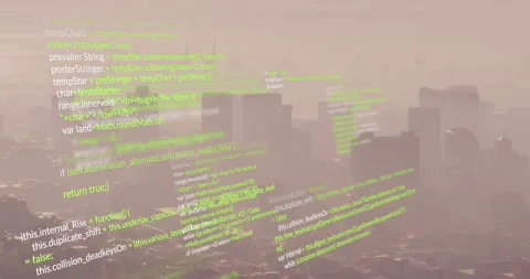 Animation of looping computer language over fog covered modern city against sky Stock Footage 327527749