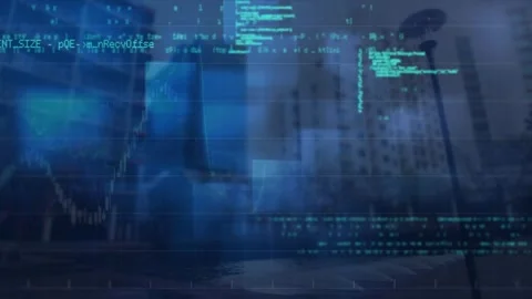 Animation of looping computer language over graphs against low angle view of Stock Footage 329292741