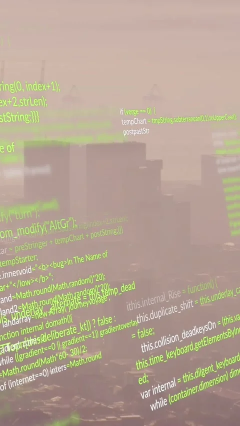Animation of looping computer language over fog covered modern city against sky Stock Footage 343828961