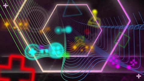 Animation of looping hexagons, icons and gaming console with spiral pattern Stock Footage 329365250
