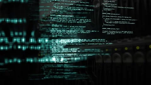 Animation of looping programming language over back panel of storage server in Stock Footage 328007071