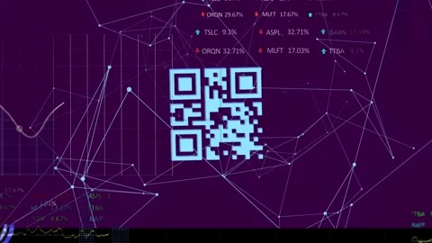 Animation of looping qr code over dots interconnecting with lines and graphs Stock Footage 329917710