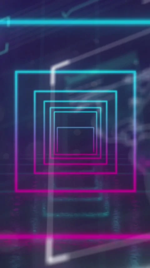 Animation of looping squares tunnel over globe, map, loading circles and bars on Stock Footage 344783456