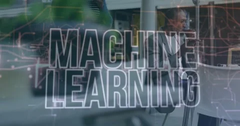 Animation of machine learning text over african american man drinking coffee and Stock Footage 328936789