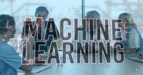 Animation of machine learning text over diverse doctors discussing in office Stock Footage 329926920
