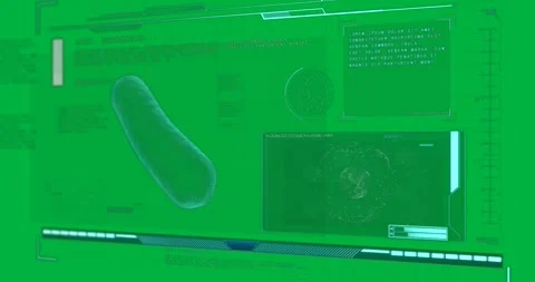 Animation of macro cell spinning and medical data processing on screen Stock Footage 324846101