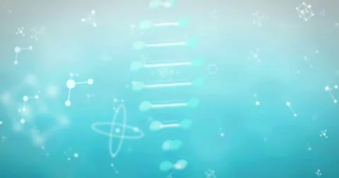 Animation of macro of dna strand spinning and molecules over blue background Stock Footage 329283814