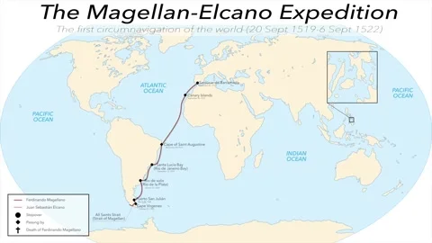 Animation of the Magellan-Elcano Expedition, the first circumnavigation of .. Stock Footage 242329271