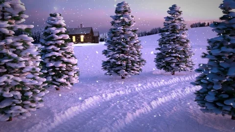 Animation of magic winter snowfall sunset scene with snowy meadow a nd cottage Video stock 82324427