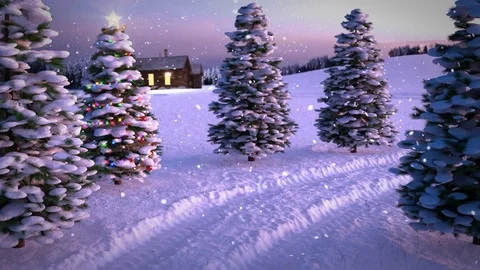 Animation of magic winter sunset scene with cottage and christmas tree. 3D Stock Footage 82214908