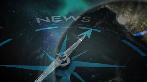 Animation of magnetic needle on compass pointing to news text over globe in 스톡 동영상 260971313