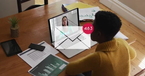 Animation of mail icon and numbers over african american businesswoman using Stock Footage 235393087