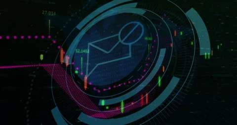 Animation of mail icon, digital data processing over scope scanning on dark Stock Footage 310590213