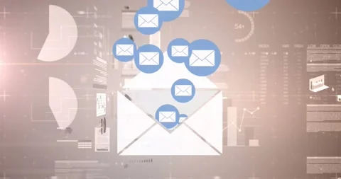 Animation of mail icons with statistics and financial data processing Stock Footage 156760449