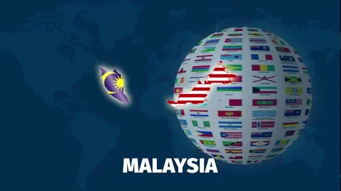 Animation of Malaysia map on rotating flag globe with blue background Stock Footage 328238234