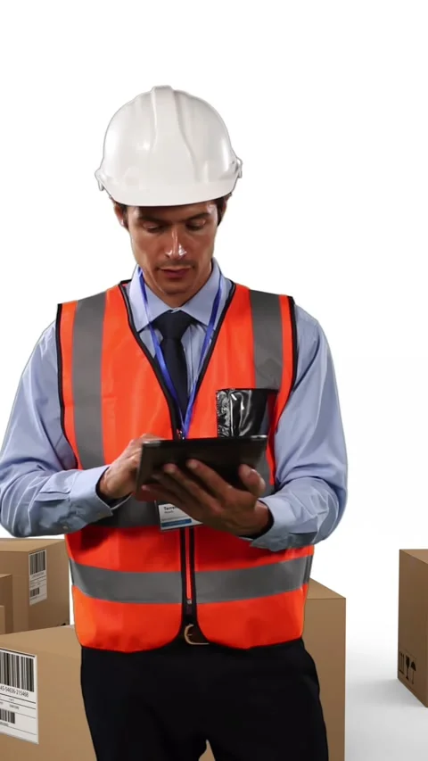Animation of male architect using tablet with stacks of boxes on white Stock Footage 331643244