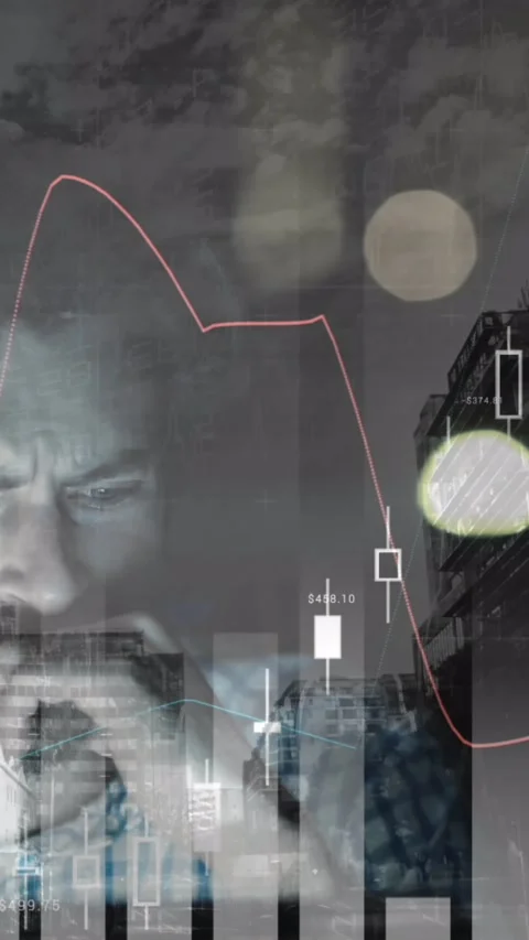 Animation of male programmer and graphs over cityscape and road traffic Video stock 342641747