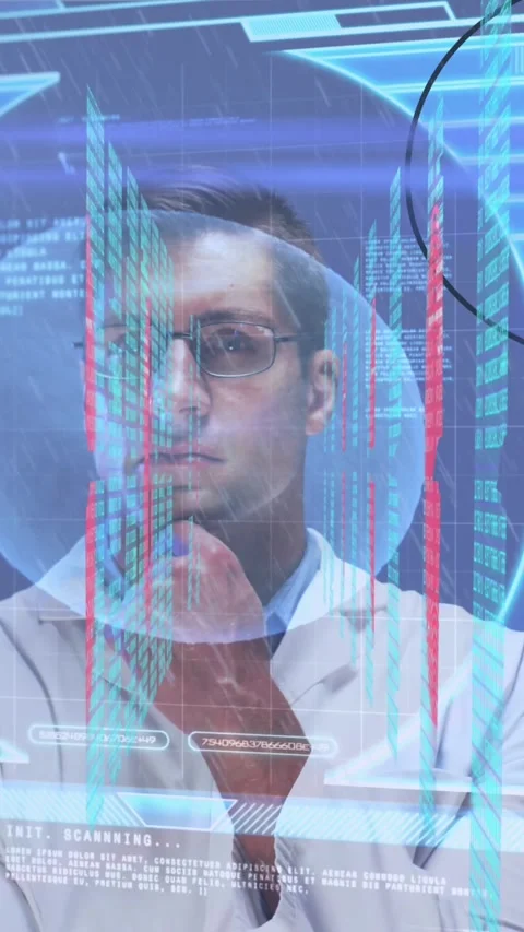 Animation of male scientist behind interactive computer screen processing Stock Footage 321991423