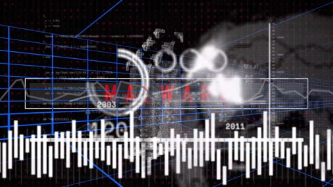 Animation of malware text and bar graphs over binary code for data visualization Video stock 304095670