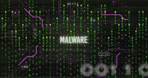 Animation of malware text and binary coding data processing over circuit board Stock Footage 235076000