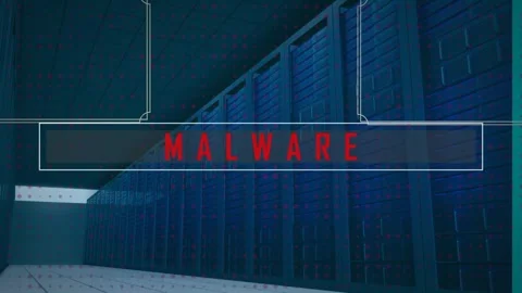 Animation of malware text banner against empty computer server room Stock Footage 330107888